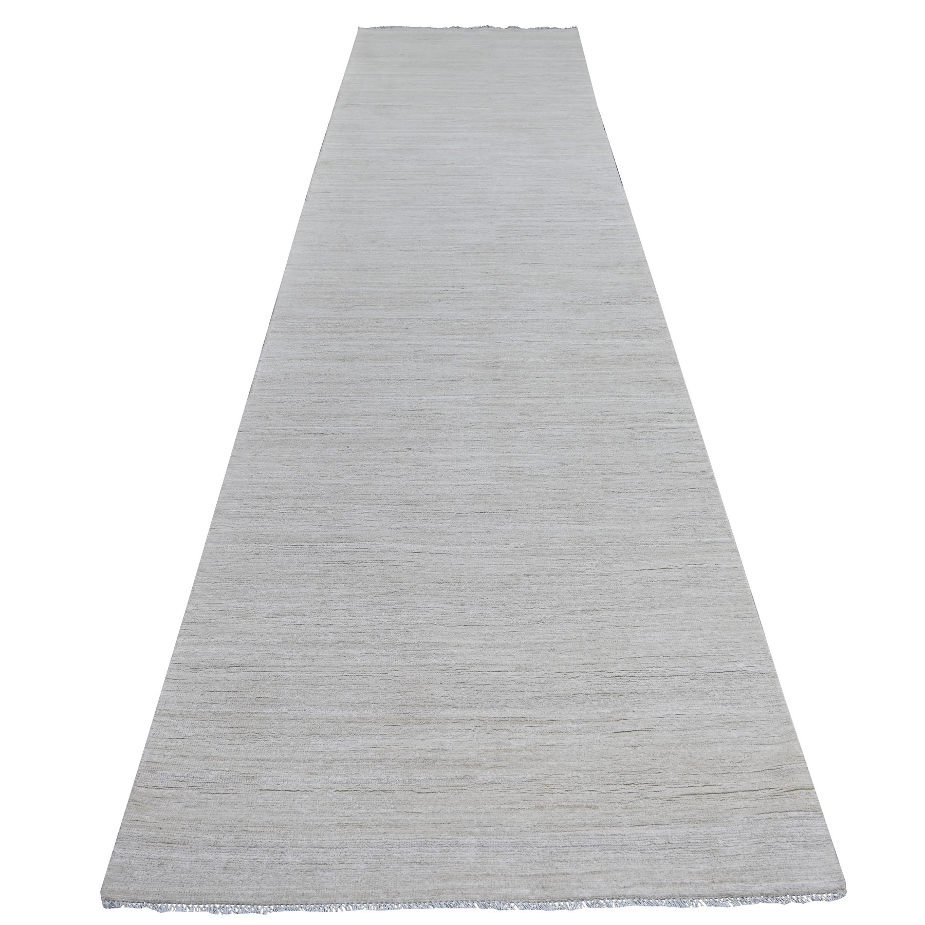 3'8"x14'5" Daisy White, Plain Solid Pattern, Hand Knotted, Hand Spun Ghazni Wool, Lush and Plush, XL Runner, Oriental Rug 